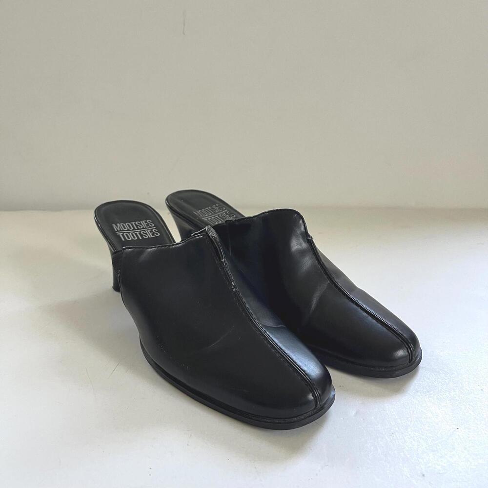 Vintage Mootsies Tootsies Black Leather Mules Size 7, Slip-On Square Toe Heels
